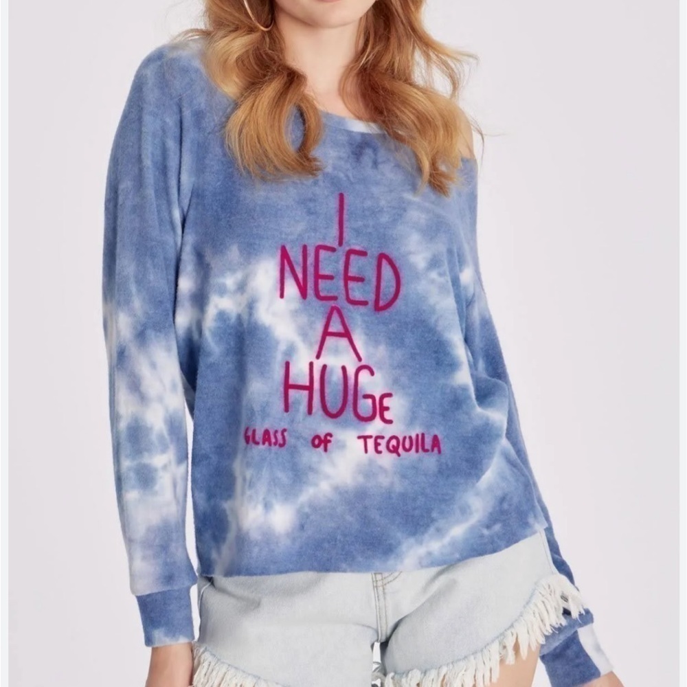 Wildfox Women’s Blue Cloud Tie Dye “I Need A Glass” Cutout Sweatshirt Size Small